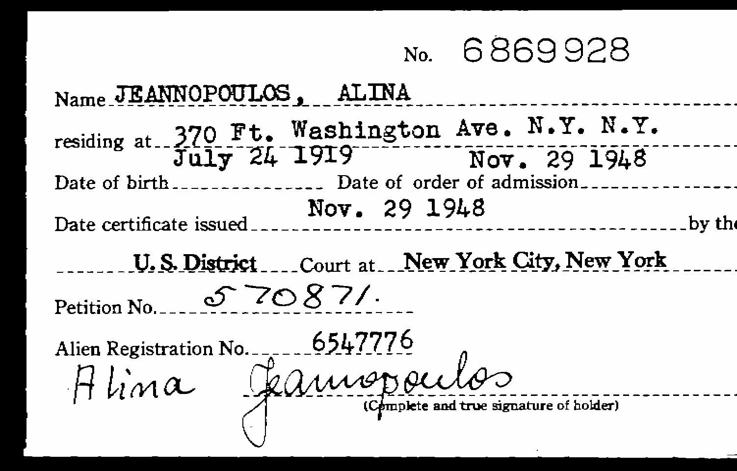 Alina Jeannopoulos — US naturalization certificate card, Nov 29, 1948